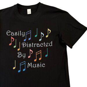 Graphic T Shirt Size M Easily Distracted By Music Black Music Note Tee